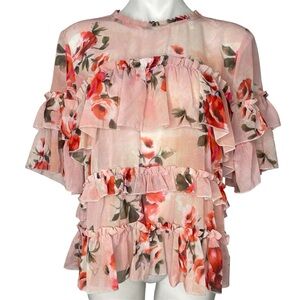 Max Sport Ruffled Top L Floral Roses Pink Red Green S/S Flouncy Semi Sheer